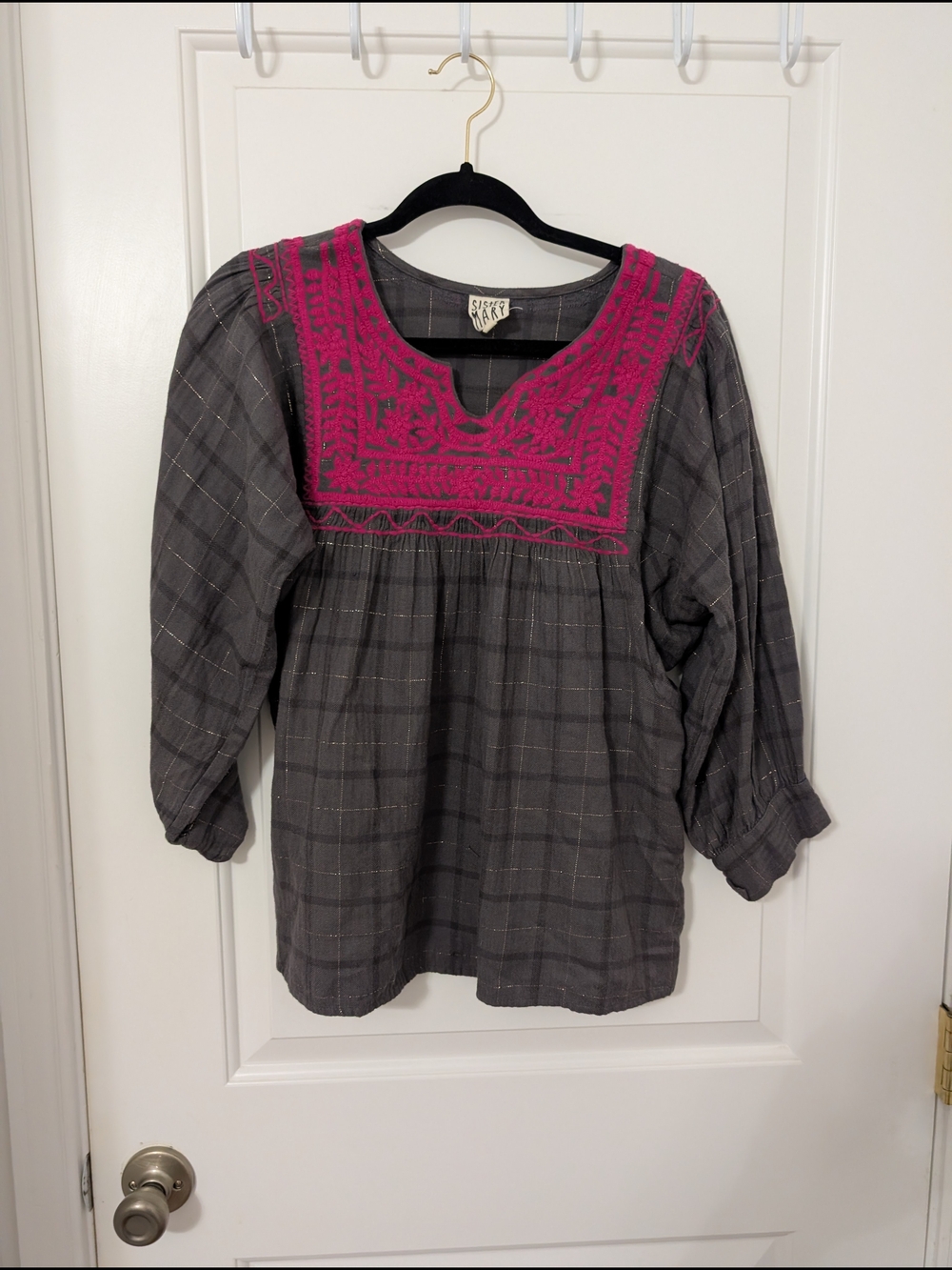 Sister Mary Grey Plaid Blouse With Pink Embroidery